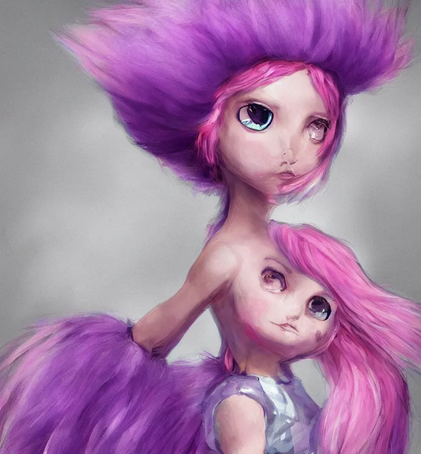 Image similar to little girl with eccentric pink hair wearing a dress made of purple fur, anatomically perfect, concept art, smooth