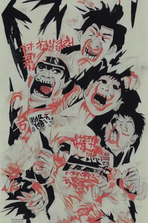 Prompt: japanese graffiti horror vhs cover art, detailed facial expressions