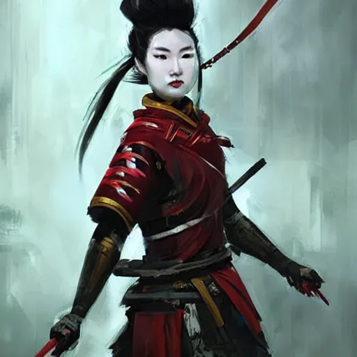 Prompt: beatiful female samurai in the style of Raymond Swanland