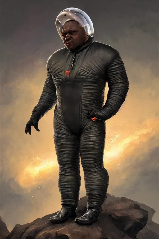 Prompt: portrait of a black man as baron harkonnen wearing leather spacesuit, standing on rocky outcrop, detailed, nebula space background, illustration by normal rockwell, artstation character art, adebanji alade, concept art, greg rutkowski