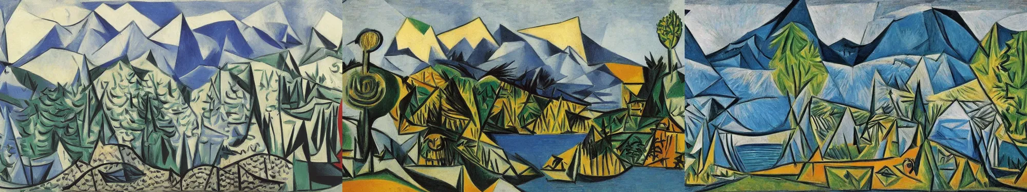 Prompt: mountains, trees, lake and turtles, by pablo picasso