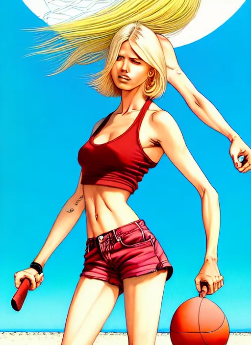 Prompt: , a gorgeous hulking beast of a woman with very long hip-length blonde hair, happy sunny day, wearing a cut-off white top and red dirt cut-off shorts standing by the water, beach tennis, modern architecture, in the style of artgerm and moebius and annie liebovitz, marvel comics, photorealistic, highly detailed, trending on artstation, Gediminas Pranckevicius