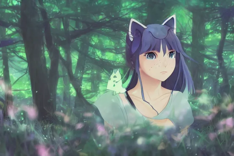 Prompt: female mage with cat ears in a summer forest, detailed attractive face, fantasy art, anime style, by makoto shinkai, by studio ghibli, atmospheric, vector art, 4 k film still, close up portrait