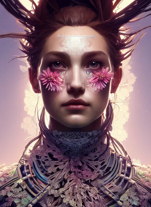 Image similar to symmetry!! portrait of floral! horizon zero dawn machine, intricate, elegant, highly detailed, digital painting, artstation, concept art, smooth, sharp focus, illustration, art by artgerm and greg rutkowski and alphonse mucha, 8 k