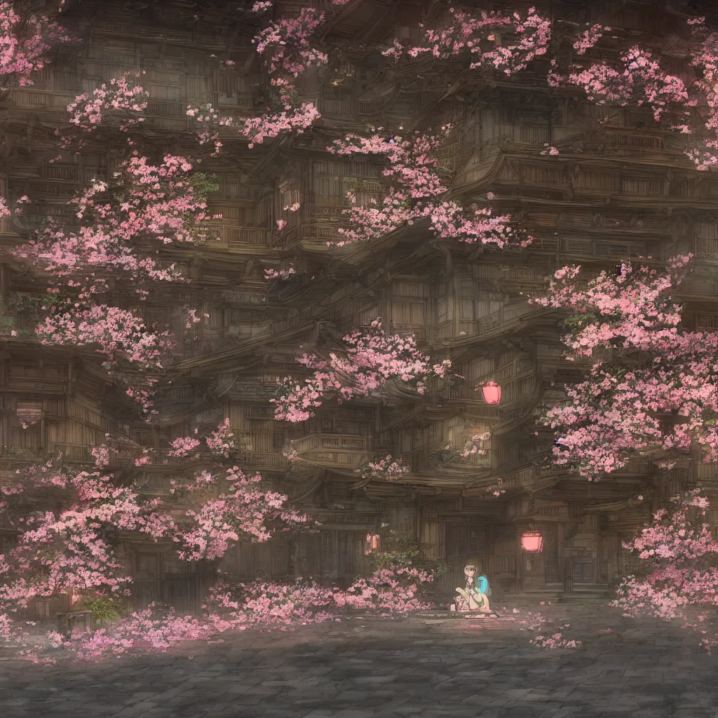 Image similar to Japanese bath house at night (Spirited Away), cherry blossom petals, highly detailed, 3D render, digital art, artstation, 8K photography, matte photo-realistic, vivid colors, moody cool temperature, by Hayao Ghibli Miyazaki!!!, breath of the wild style