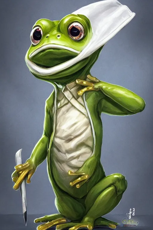 Image similar to cute anthropomorphic frog wearing a white butcher coat with a white butcher hat and holding a cleaver knife ,tiny, small, miniature frog, baby animal, short, pale blue armor, cute and adorable, pretty, beautiful, DnD character art portrait, matte fantasy painting, cgsociety Artstation, by Jason Felix by Steve Argyle by Tyler Jacobson by Peter Mohrbacher, cinematic lighting