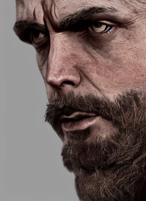 Prompt: a portrait picture of a stern looking middle - aged man, crew cut, brown hair, rugged looks, serious face, stubble, scar on the cheek, highly detailed, digital art, realistic, 4 k, studio lighting, trending on artstation