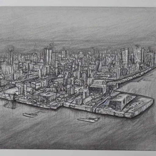 Prompt: pencil sketch of destroyed city bird view