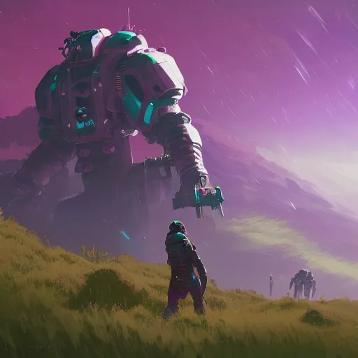 Image similar to sentinel enjoying picking up flower on infested planet in no man's sky digital art in the style of greg rutkowski and craig mullins, 4 k