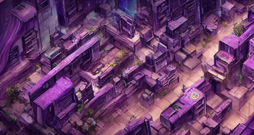 Prompt: Sci-fi wallpaper of an alley in a desert city, view from the top, purple color-theme, cinematic, science-fiction art wallpaper, stunning digital art