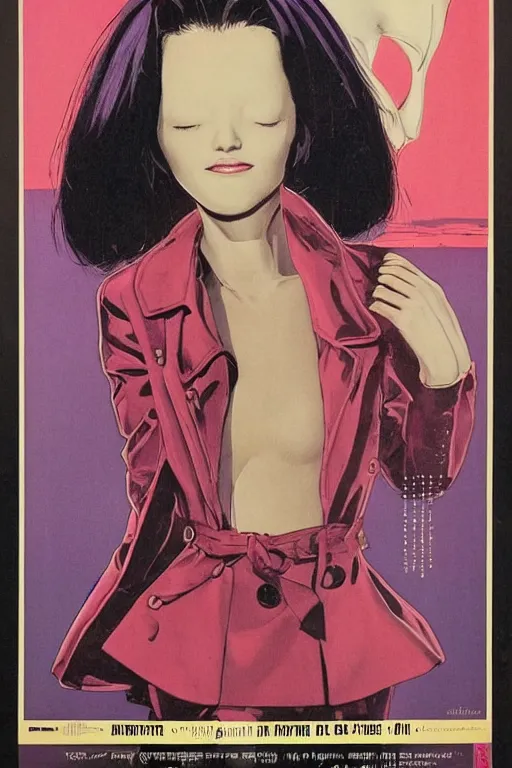 Prompt: A beautiful sky girl with a very stylish trenchcoat by Moebius, bob cut hair, movie poster