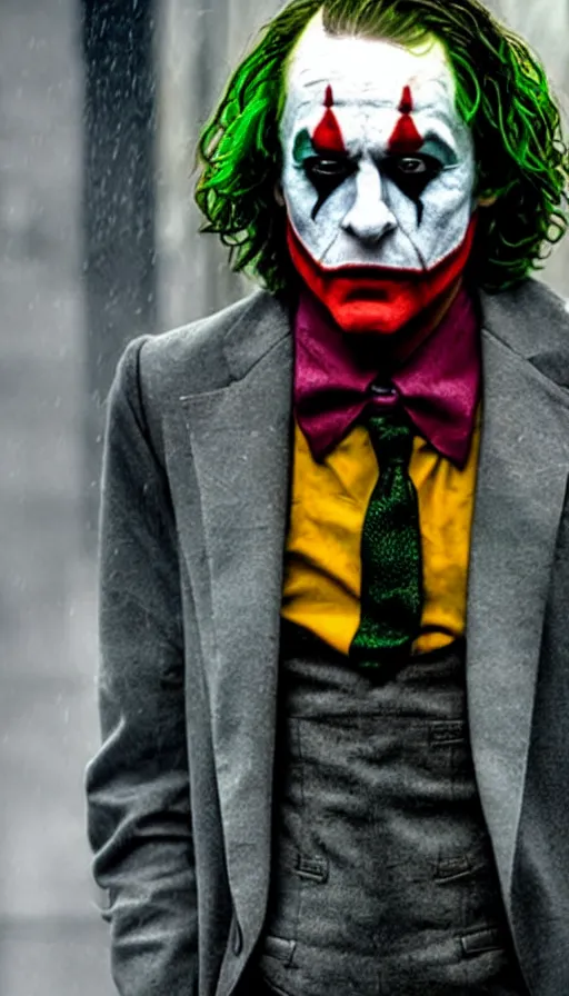 Image similar to joaquin pheonix as the joker, in the rain