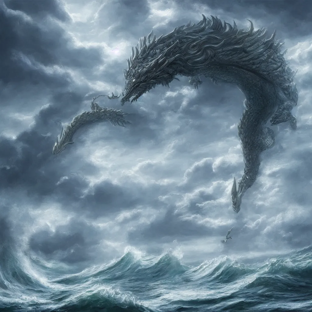 Image similar to a fantasy book style portrait of a giant dragon, stormy sea, giant waves, lightning, small boat, oil painting, 4 k