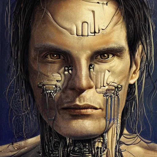 Image similar to surreal portrait of a man by Greg Rutkowski and H.R Giger, he is about 30 years old, messy long black hair, tired appearance, roman nose, peaceful but sad and resigned expression, martyred as a biomechanical transhuman cyborg god, eyes glow electric blue, cosmic void background, frightening, fascinating, highly detailed portrait, digital painting, book cover, artstation, concept art, smooth, sharp foccus ilustration, Artstation HQ.