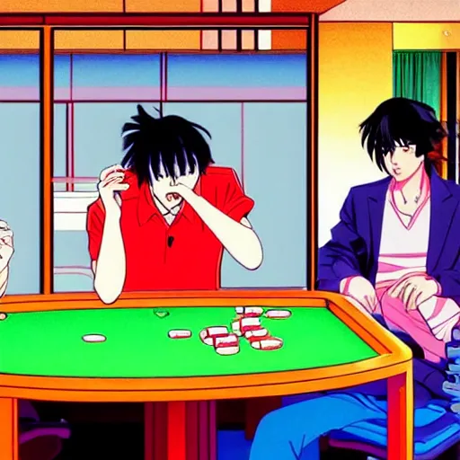 Prompt: man losing all his money at the poker table, sprite, vaporwave nostalgia, directed by beat takeshi, visual novel cg, 8 0 s anime vibe, kimagure orange road, maison ikkoku, sketch by osamu tezuka, directed by makoto shinkai and beat takeshi