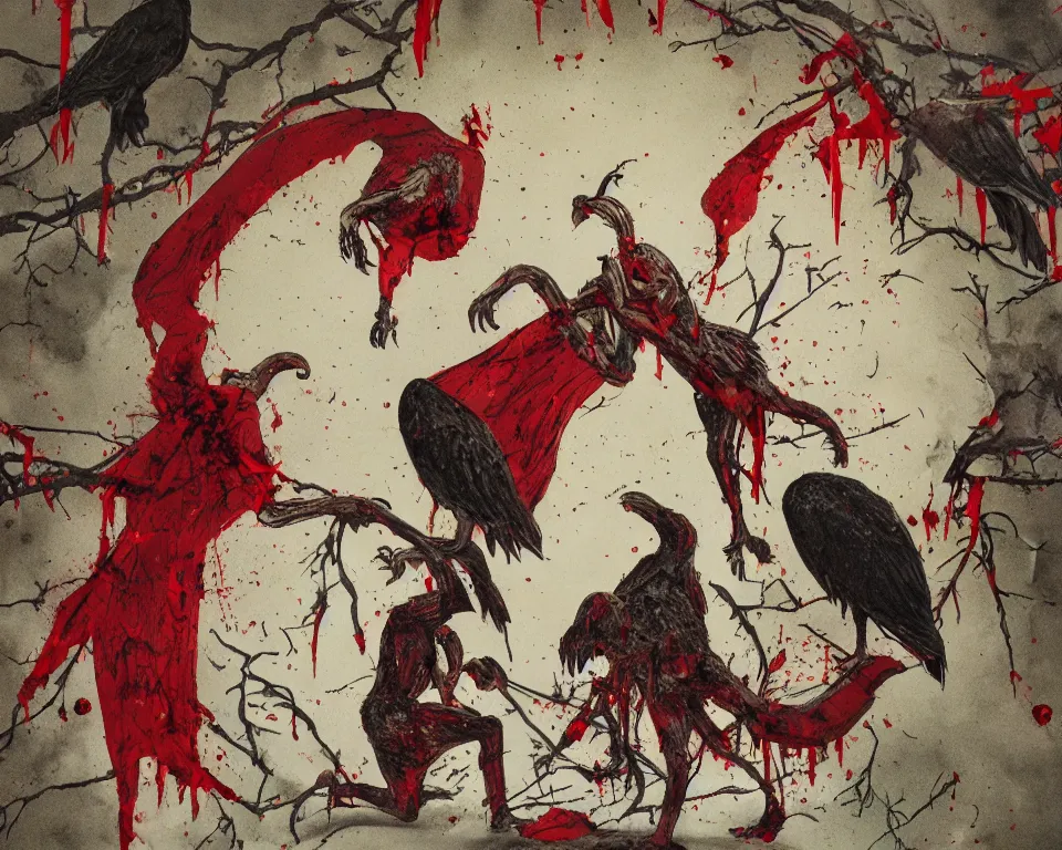 Prompt: a christmas card with a sinister demon and vultures, covered in blood