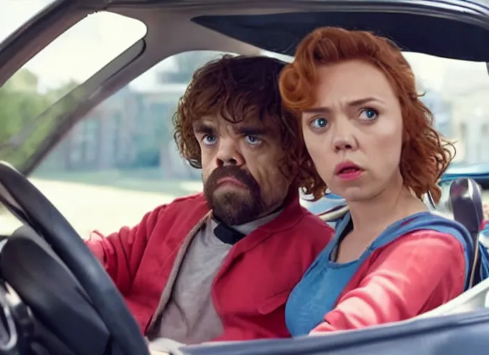 Image similar to peter dinklage and scarlett johannson driving a little tikes cozy coupe, movie still, from the new black widow movie, 8 k, realistic