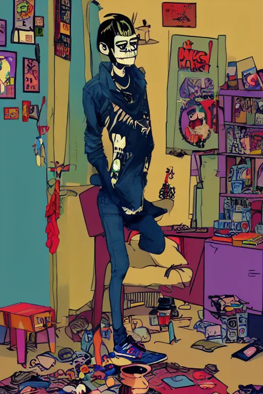 Prompt: a skinny goth guy standing in a cluttered 9 0 s bedroom by jamie hewlett, jamie hewlett art, full body character concept art, vaporwave colors, digital painting, hd, ultra hd, detailed, award winning,