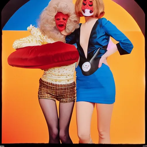 Image similar to 1976 film still glamorous woman photo and her friend, an anthropomorphic stomach, traveling, live action children's tv show, 16mm film live soft color, earth tones and some primary colors 1976, wacky, in style of john waters doris wishman russ meyer