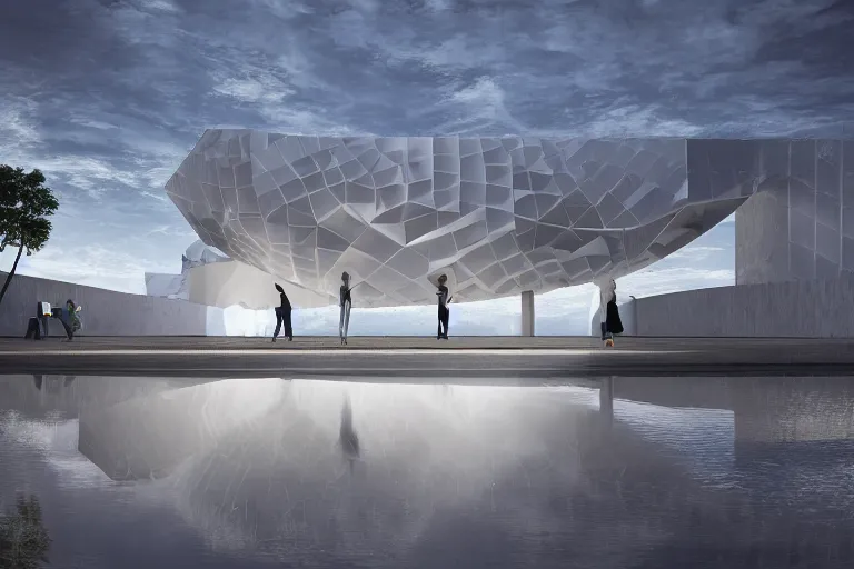 Image similar to the bjarke ingels group < skum > white building formed by the intersection of many white egg shaped spherical spaces, on the calm lake, people's perspective, future, interior wood, marble, award winning, highly detailed 4 k art, dusk, unreal engine highly rendered, global illumination, radial light, interior environment