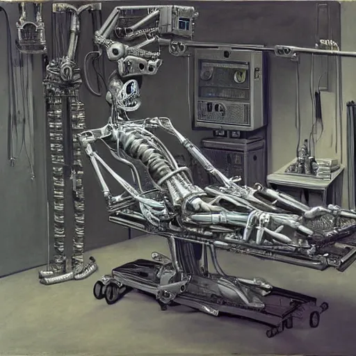 Image similar to a robot with a creepy smile laying on a surgeon's table performing an operation on itself, metal, intricate, by h. r. giger