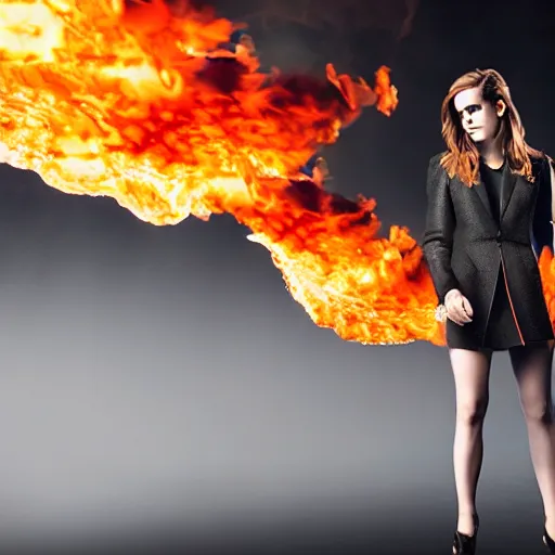 Prompt: Emma Watson in suit made of fire, 8k UHD, studio photography, high quality, high detail, stunning lighting