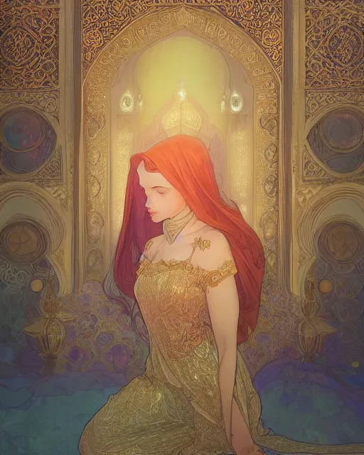 Prompt: an open quran highly detailed, gold filigree, romantic storybook fantasy, soft cinematic lighting, award, watercolor illustration by mandy jurgens and alphonse mucha and alena aenami, pastel color palette, featured on artstation