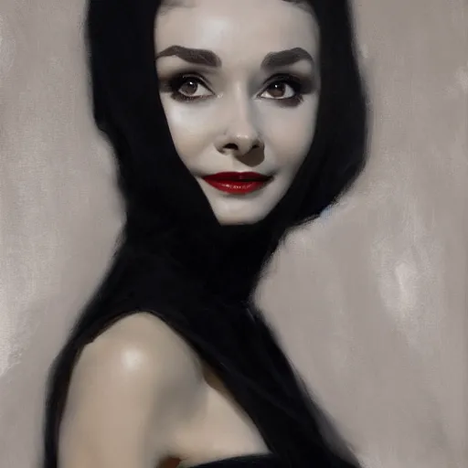 Image similar to detailed realistic cinematic wide shot of beautiful attractive audrey hepburn vampire woman wearing black bath robe slim face symettrical face clean skin black eyes black robe smooth, sharp focus, ultra realistic, spring light, painting by gaston bussiere, craig mullins, j. c. leyendecker