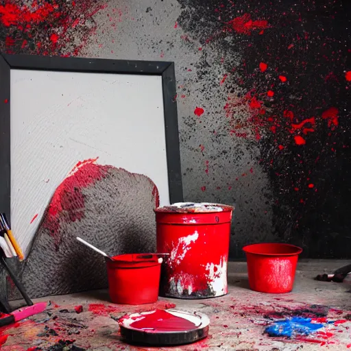 Image similar to a studio photography set, there is a red bucket of paint in the middle of the frame and it has exploded, there is paint EVERYWHERE