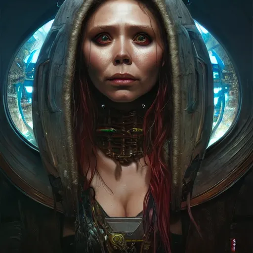 Image similar to portrait painting of a cyberpunk orc shaman extremely muscular ugly elizabeth olsen, ultra realistic, concept art, intricate details, eerie, highly detailed, photorealistic, octane render, 8 k, unreal engine. art by artgerm and greg rutkowski and charlie bowater and magali villeneuve and alphonse mucha