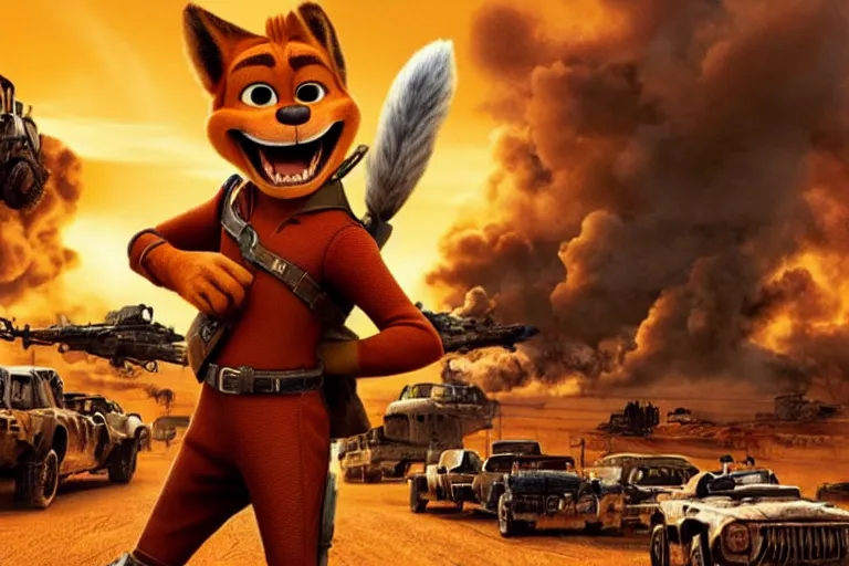 Image similar to nick wilde, heavily armed and armored facing down armageddon in a dark and gritty reboot from the makers of mad max : fury road