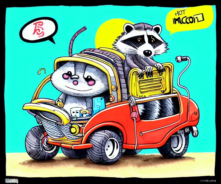 Image similar to cute and funny, racoon wearing a helmet riding in a tiny hot rod with oversized engine, ratfink style by ed roth, centered award winning watercolor pen illustration, isometric illustration by chihiro iwasaki, edited by range murata, symmetrically isometrically centered