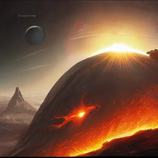 Image similar to a volcanic planet as seen from orbit concept art by Doug Chiang, cinematic, realistic painting, high definition, very detailed, extremely high detail, photo realistic, concept art, the Mandalorian concept art style