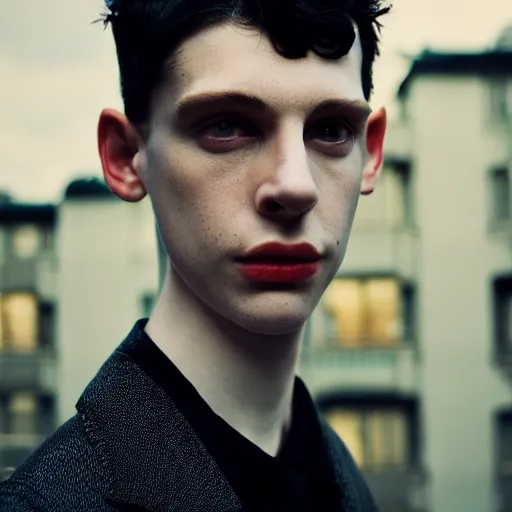 Image similar to un ultra high definition fashion editorial photographic portrait of a pale young man with black hair standing on the rooftop of an apartment building wearing all eclectic clothes. three point light. extremely detailed. stark. nostalgic. golden hour, golden ratio, ray tracing, volumetric light, shallow depth of field.