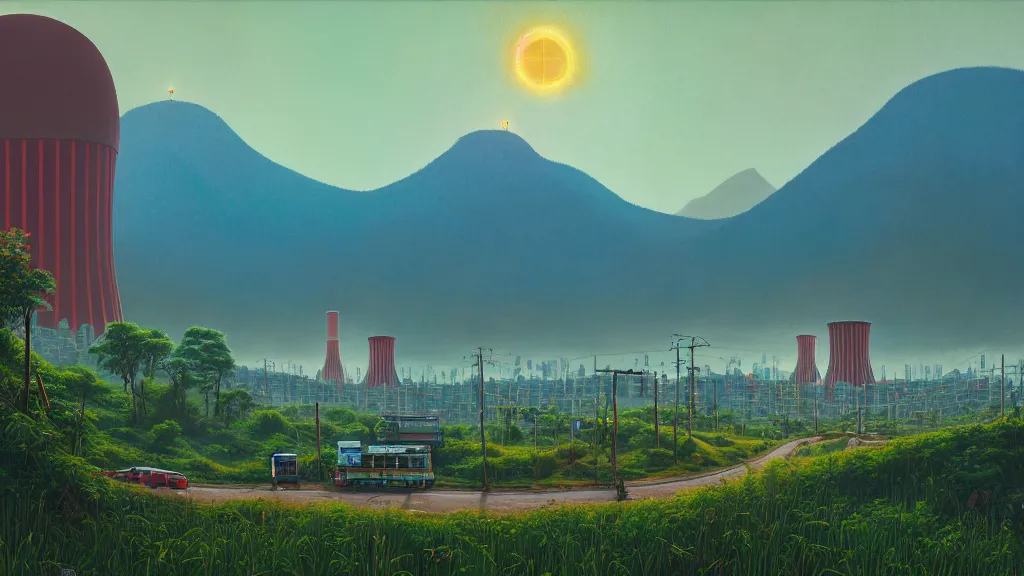 Image similar to Nuclear Nature Solarpunk harmony; the mountains and city are towered over by giant nuclear power plants covered with foliage; by Oswaldo Moncayo; by Simon Stålenhag, oil on canvas; Art Direction by James Cameron; Location: Quito Ecuador 4K, 8K; Ultra-Realistic Depth Shading