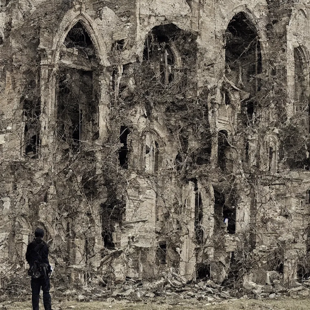 Image similar to lone soldier standing in front of a crumbling ruined church by bill sienkiewicz