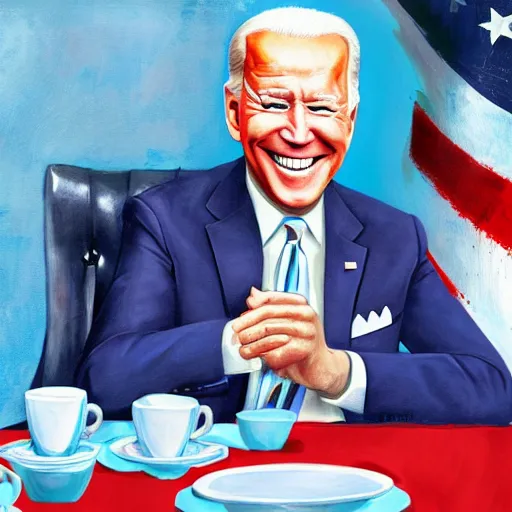 Prompt: a painting of joe biden laugh in tea party with osama bin laden, justify content center, hyper realistic content, frontal hyperdetailed realistic content, remove duplicate content