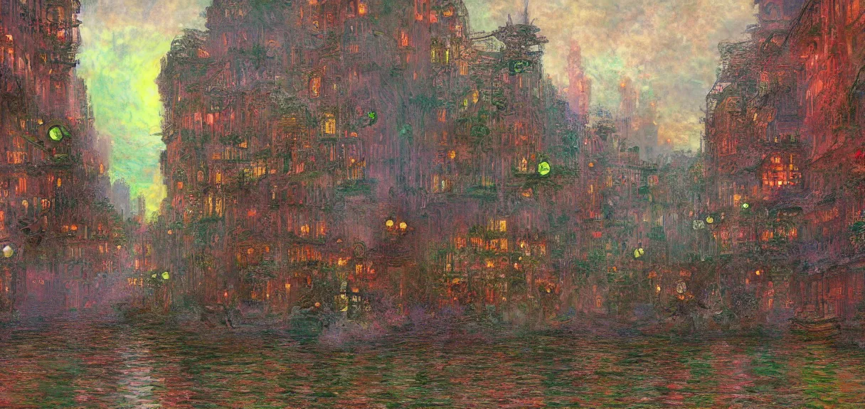 Image similar to a steampunk city in the style of claude monet, digital art.
