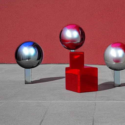 Prompt: chrome spheres on a red cube by peter lloyd