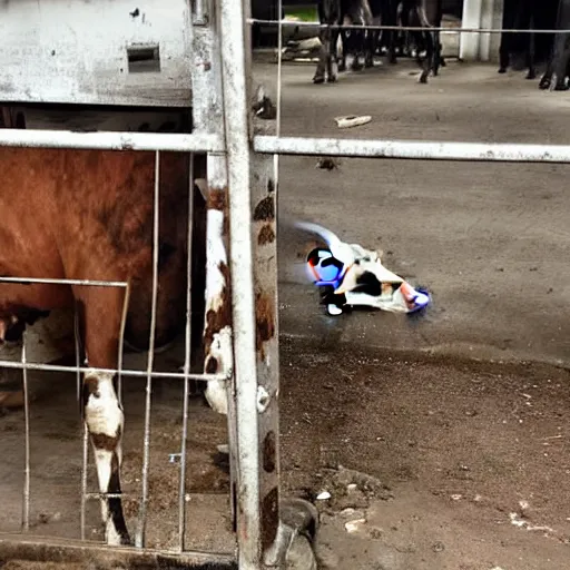 Image similar to dirty bottle of milk and a cow inside slaughterhouse