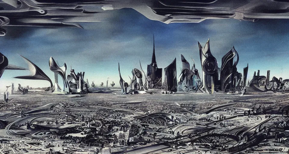 Image similar to view on futuristic city in the horizon, illustration by salvador dali, detailed, sharp, 8 k