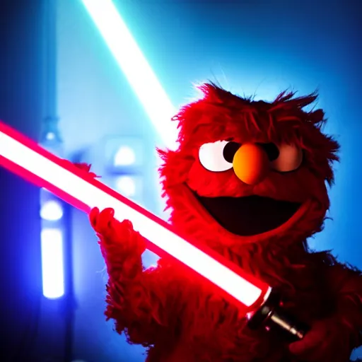 Image similar to Elmo as a dark lord of the sith weilding his red glowing light saber, studio portrait, mysterious lighting, 8K photograph