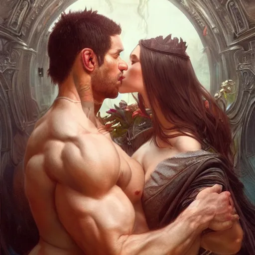 Prompt: portrait painting of muscular couple kissing, ultra realistic, concept art, intricate details, eerie, highly detailed, photorealistic, octane render, 8 k, unreal engine. art by artgerm and greg rutkowski and alphonse mucha