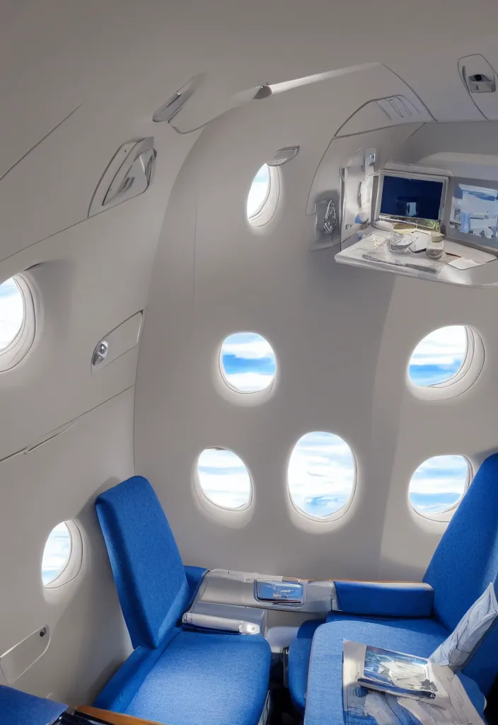 Prompt: Interior of a private jet with the blue sky visible in a window