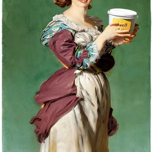 Image similar to eavenly summer sharp land sphere scallop well dressed lady holding a tall paper cup coffee, auslese, by peter paul rubens and eugene delacroix and karol bak, hyperrealism, digital illustration, fauvist, tall paper cup coffee, green coffee logo