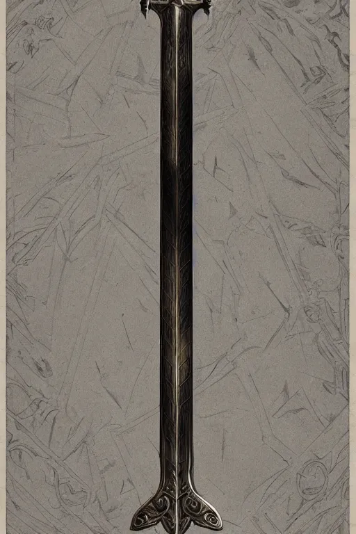 Image similar to sword of justice hanging on a wall, ornate gem in pommel, engraved blade, herringbone floor, low angle, greg rutkowski