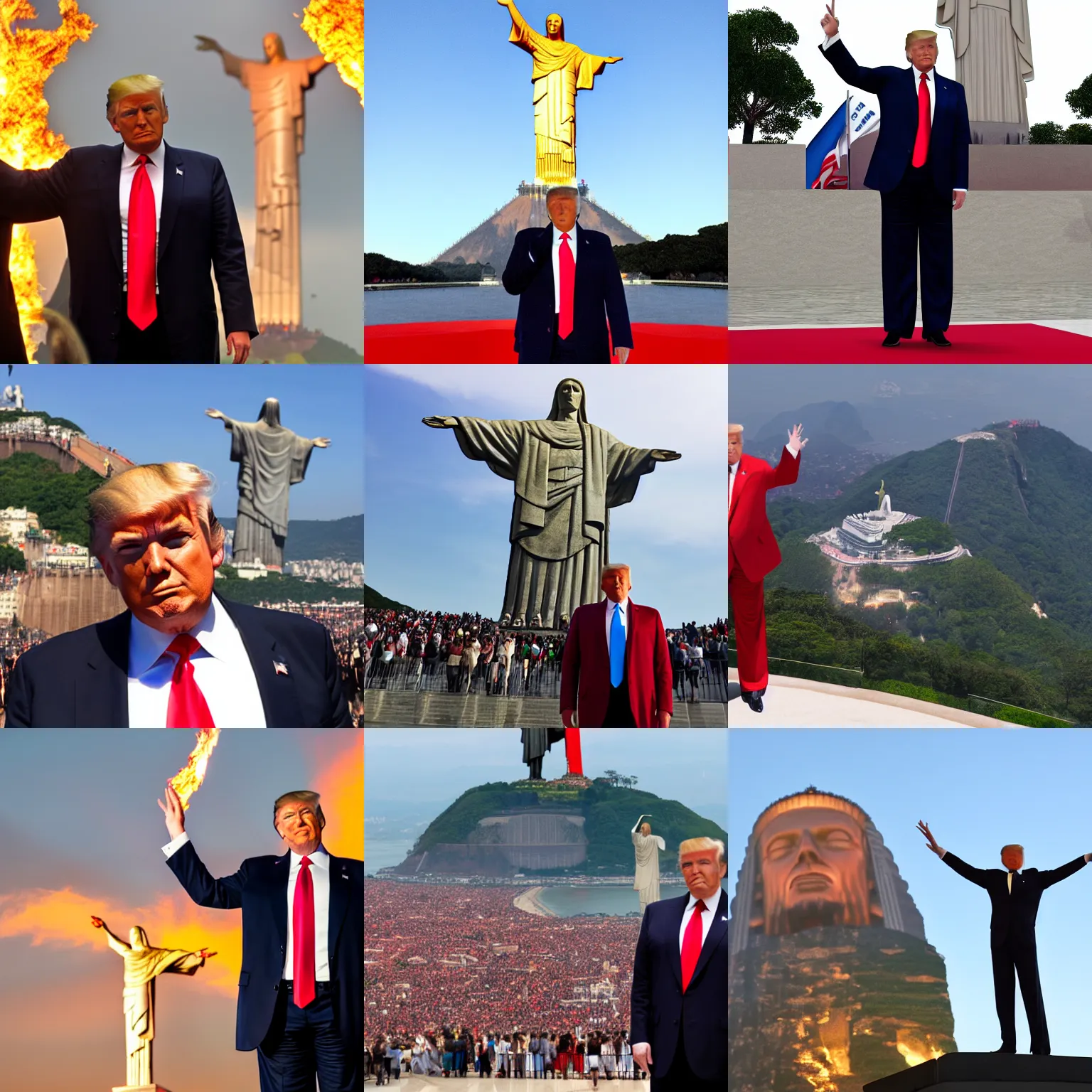 Prompt: Proud Donald Trump posing in front of flaming Christ the Redeemer statue, 4K