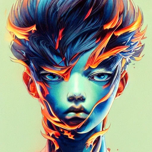 Image similar to prompt : flames portrait soft light painted by james jean and katsuhiro otomo and erik jones, inspired by evangeleon anime, smooth face feature, intricate oil painting, high detail illustration, sharp high detail, manga and anime 1 9 9 9