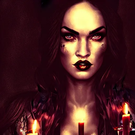 Prompt: megan fox witch queen, black eyes, blood, full body, intricate victorian dress, cinematic lighting, symmetrical eyes, rafael albuquerque, charlie bowater, moody lighting, candles