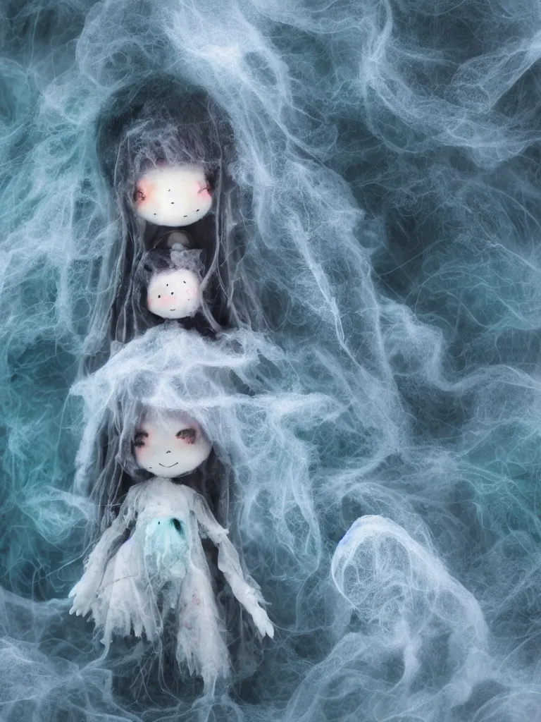 Image similar to cute fumo plush smiling ectoplasmic jellyfish ghost girl lingering in deep fog over mysterious waters, patchwork doll chibi gothic maiden in tattered melting rags, glowing wisps of hazy green smoke and eerie blue volumetric fog swirling about, moonlight, glowing lens flare, black and white, vray